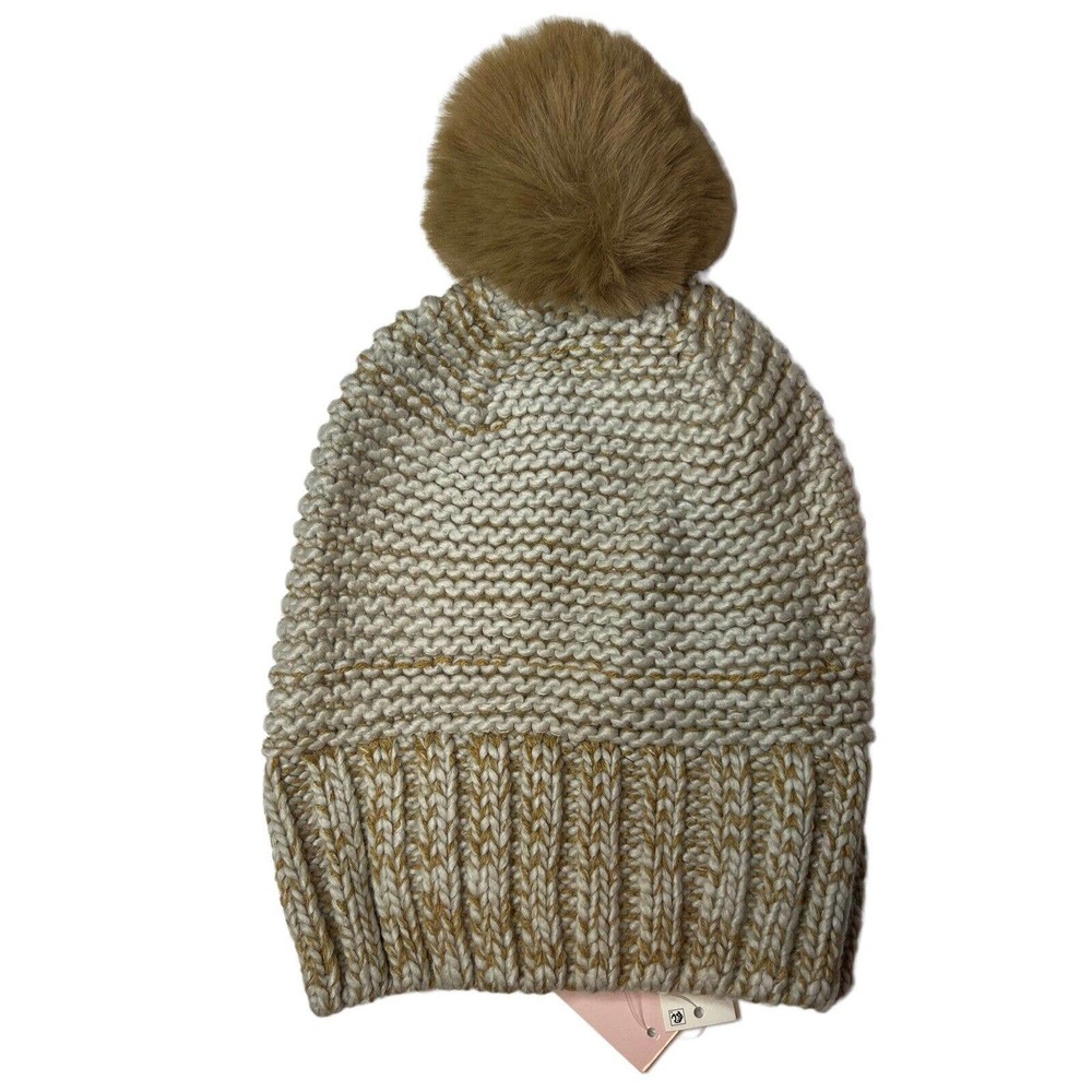 Aqua Tweed Knit‎ Hat with Faux Fur Pom Brown New